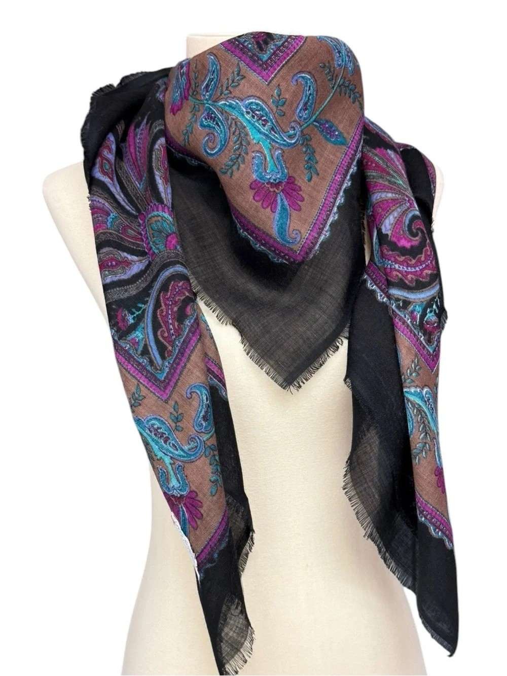 Vintage Lord & Taylor Black Paisley Large Wool Shawl Scarf Black, Fuchsia & Teal